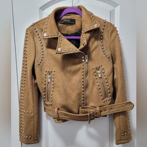 ZARA Faux suede studded motorcycle jacket, size Medium